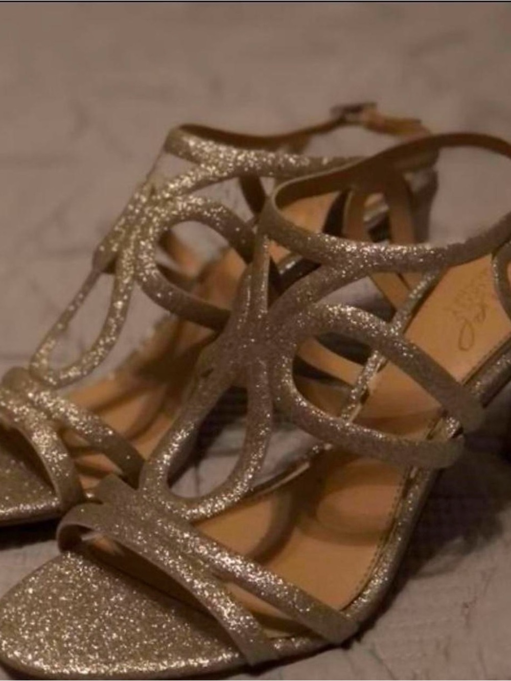 Jewel Badgley Mischka Gold Glitter Strappy Heels Size 7.5